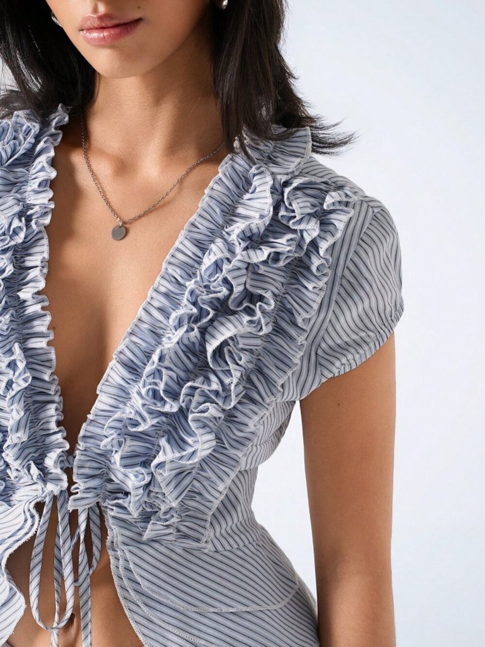 Baby Blue Casual Women's Minimalism Striped Ruffle Tie Front Blouse - Picture 6 of 6